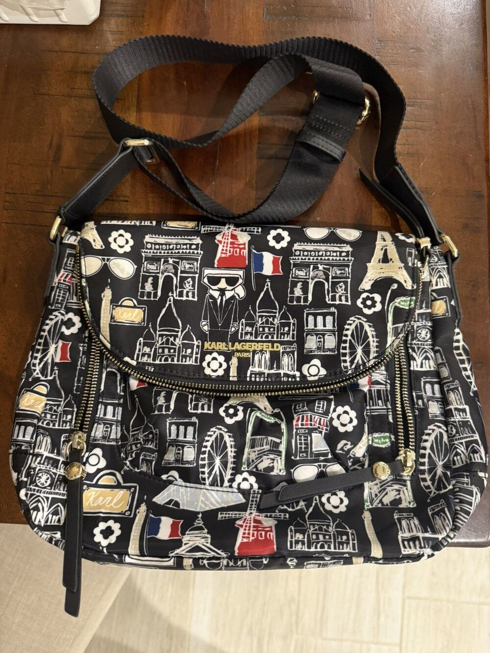KARL LAGERFELD Paris Eiffel Tower Messenger Bag Purse Crossbody Flap excellent